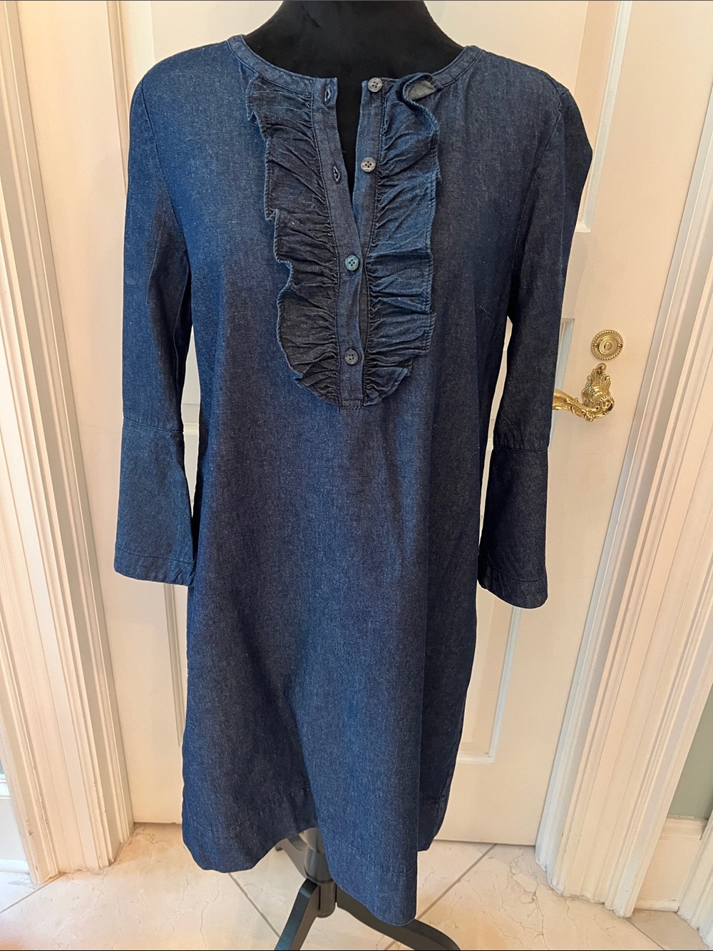 Denim Ruffle Front Tunic Dress - Dark Blue